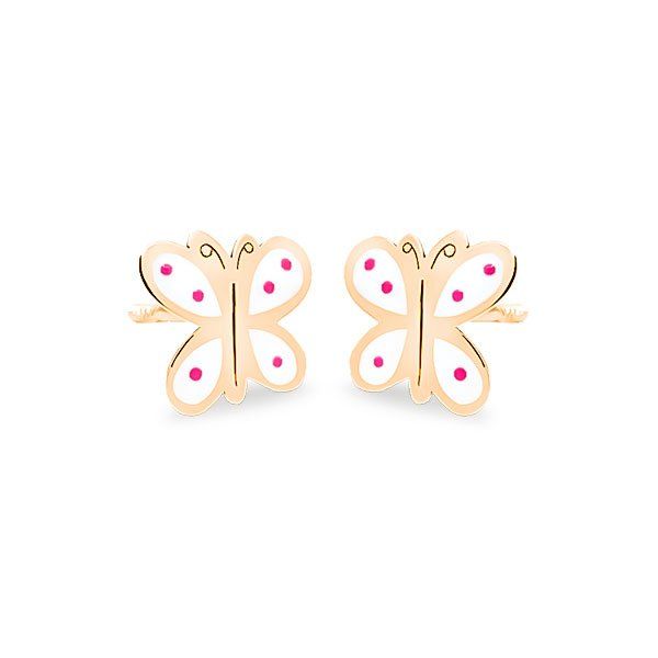 69AP72B pendientes eles niña oro 18k mariposa esmalte blanco