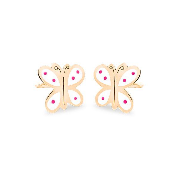 69AP72B pendientes eles niña oro 18k mariposa esmalte blanco