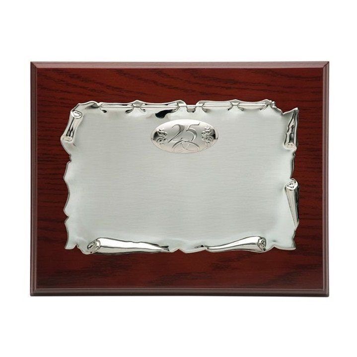 placa pergamino metal plateado ovalo estuche incluido