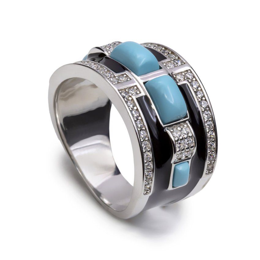 anillo ancho de plata con turquesa negro y circonitas detalle  1500x1500 20489 R