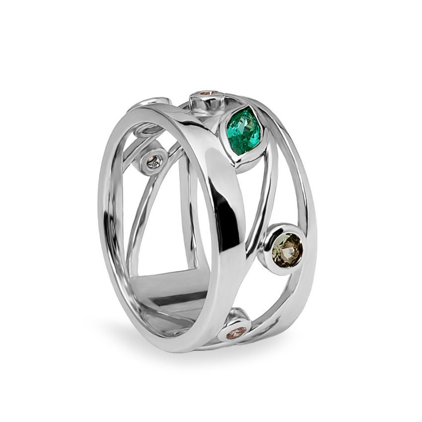 anillo de plata cruzado con circonitas en tonos verde y champagne detalle  1500x1500 20313 R