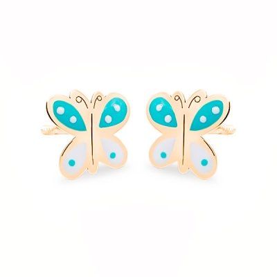 69AP73TB pendientes eles niña oro 18k mariposa esmalte turquesa blanco