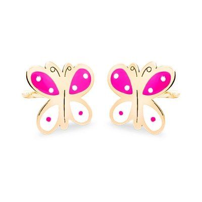 69AP74RB pendientes eles niña oro 18k mariposa esmalte rosa blanco