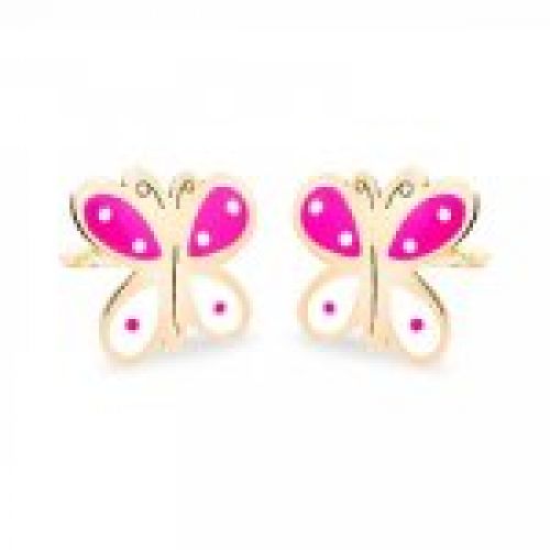 69AP74RB pendientes eles niña oro 18k mariposa esmalte rosa blanco