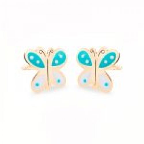 69AP73TB pendientes eles niña oro 18k mariposa esmalte turquesa blanco