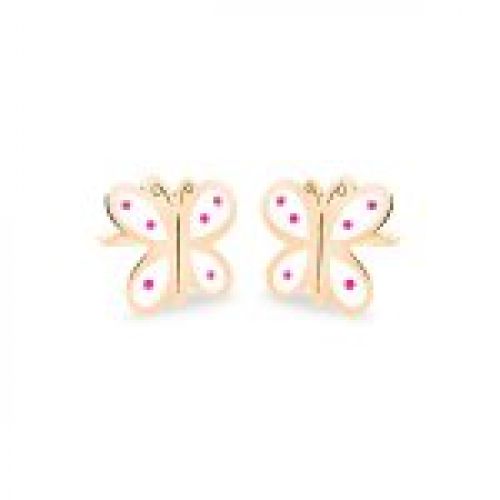 69AP72B pendientes eles niña oro 18k mariposa esmalte blanco