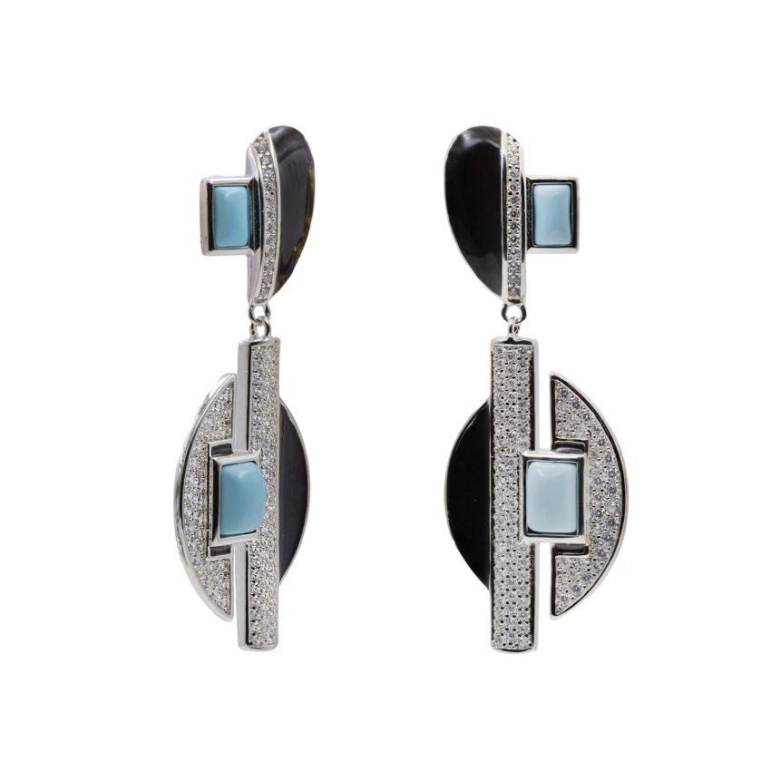 pendientes largos geometricos de plata con turquesa y negro detalle  1500x1500 20489 A