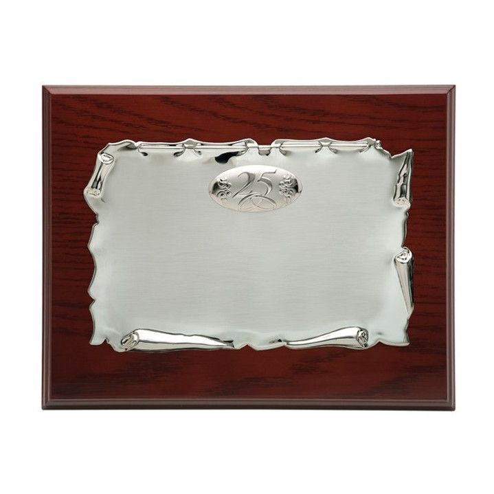 placa pergamino metal plateado ovalo estuche incluido